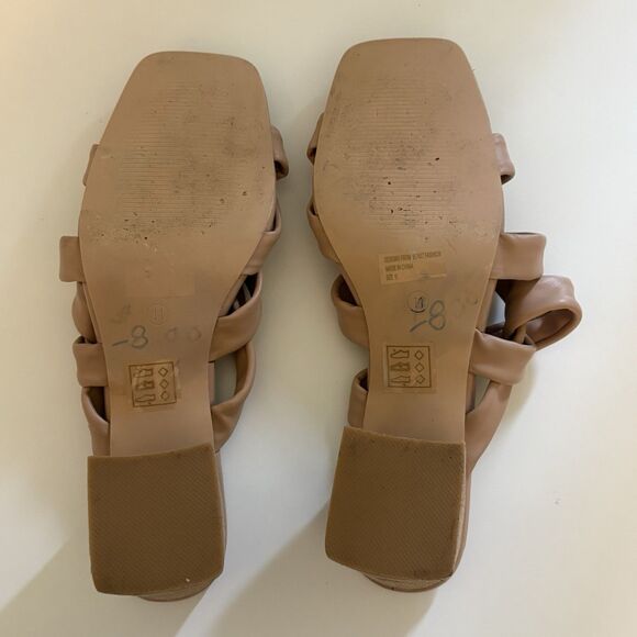 Womens Slip on Slides 11 Tan Strappy Mid Chuncky Stack Heel Sq Toe Beast Fashion - Picture 7 of 7